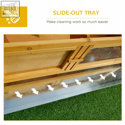 Light-colored fir wood slide-out tray with metal edge for easy cleaning in pawhut rabbit hutch for small animals