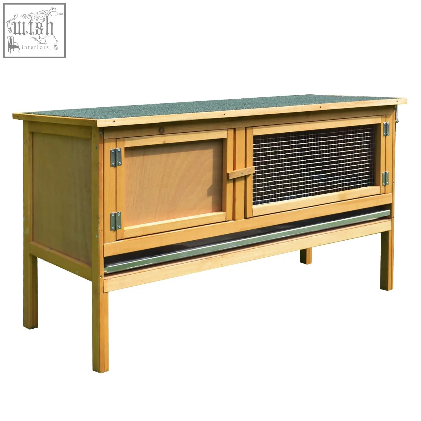 Light brown fir wood rabbit hutch with green roof, solid and wire mesh doors for small animals like guinea pigs