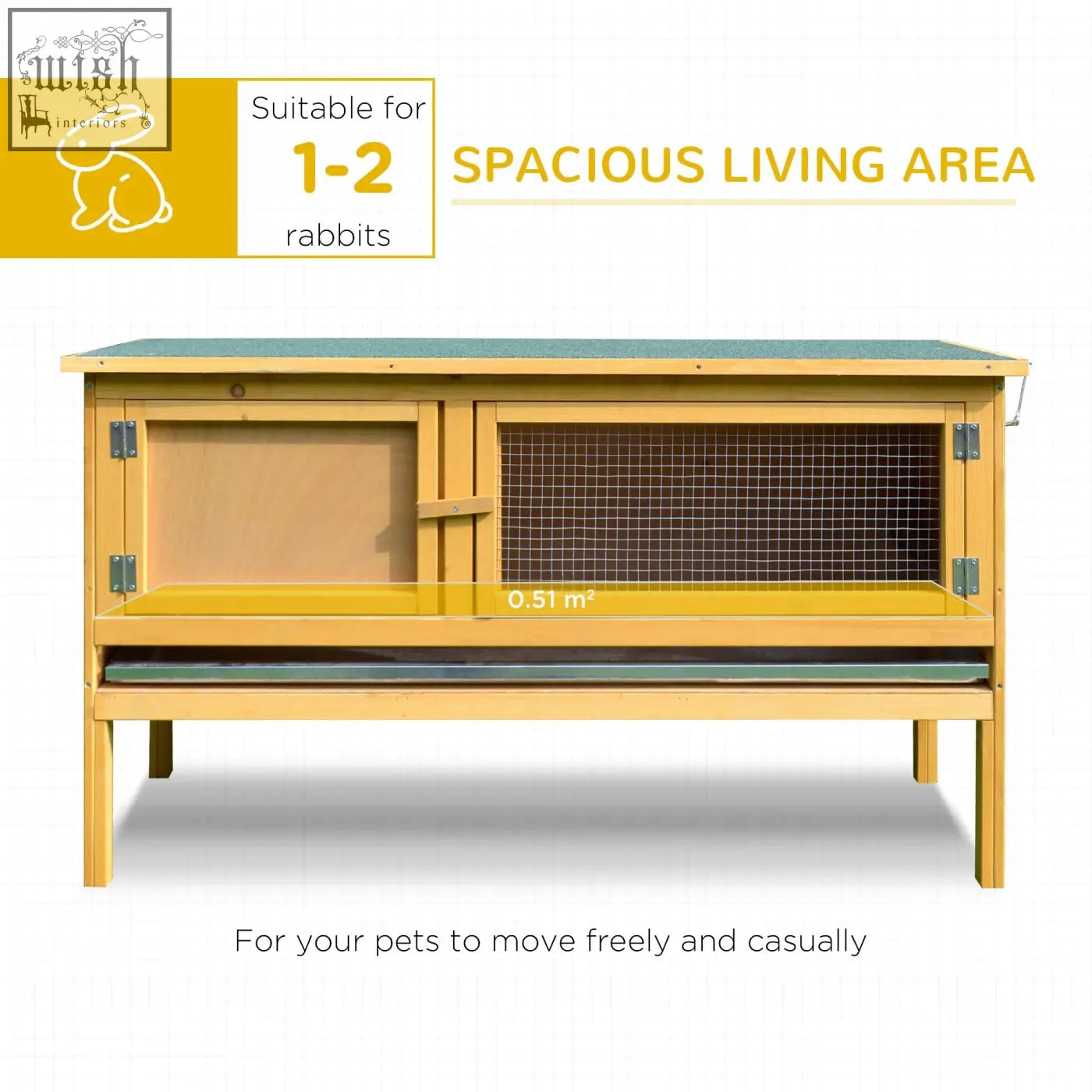 Yellow fir wood rabbit hutch with green roof and wire mesh side for small animals outdoor use