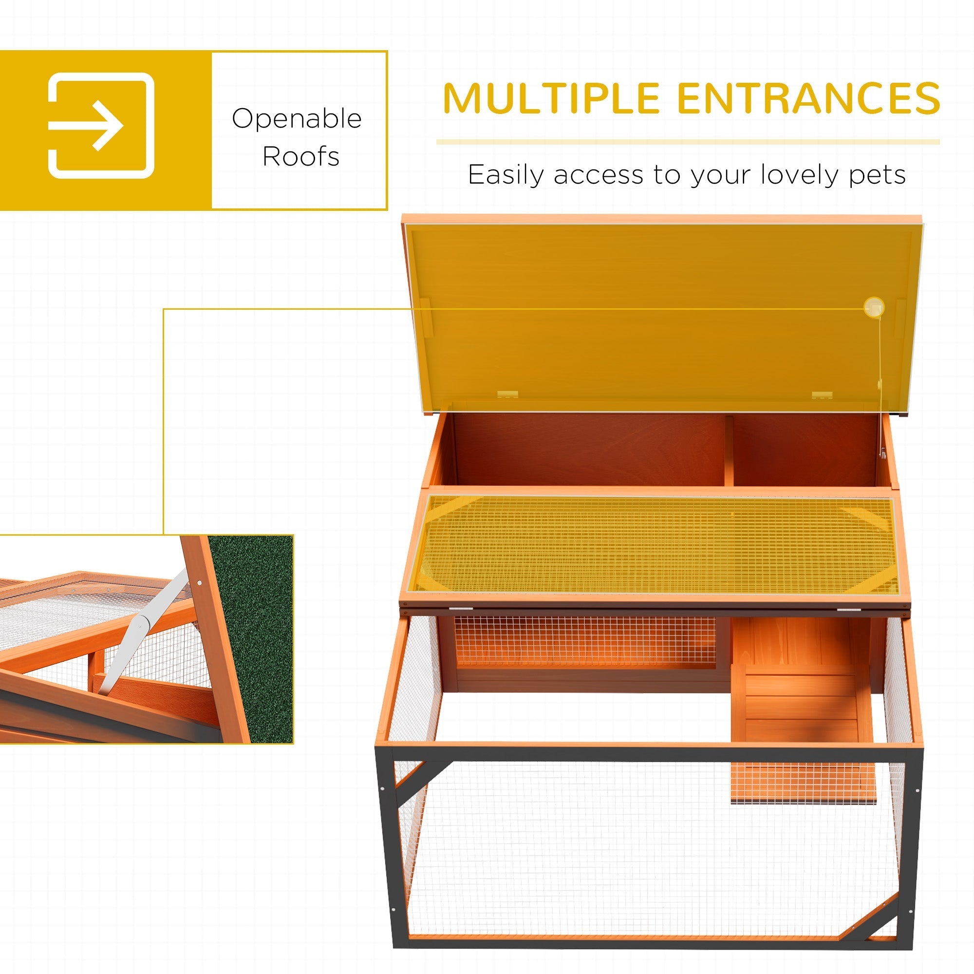 Orange wooden rabbit hutch with yellow mesh roof and multiple entrances open style built main house for pets outdoors