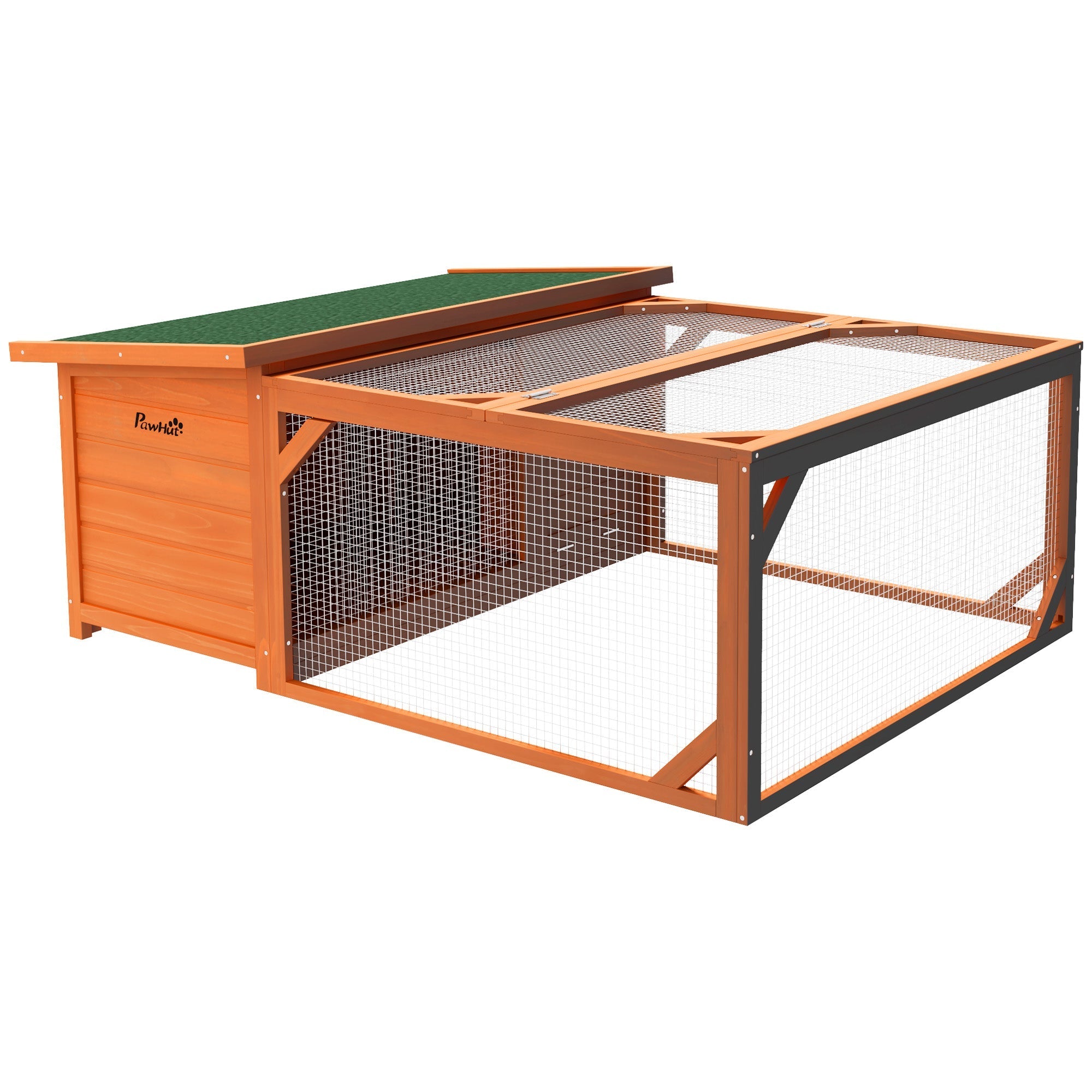 Wooden pawhut rabbit hutch with green roof wire mesh sides open style built for backyard main house use
