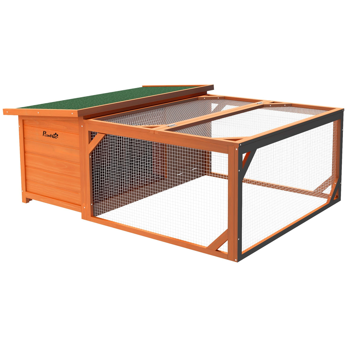 Wooden pawhut rabbit hutch with green roof wire mesh sides open style built for backyard main house use