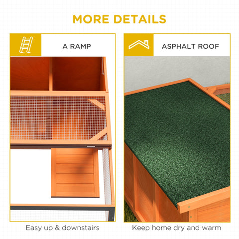 Orange wooden pawhut rabbit hutch with green asphalt roof metal mesh sides open style built main house backyard use