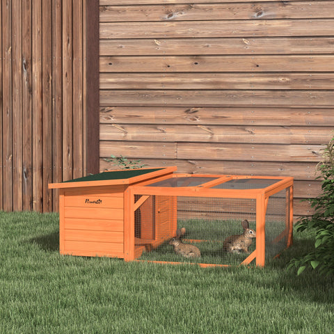 Orange wooden rabbit hutch with green roof and wire mesh sides featuring an open style built main house for small animals