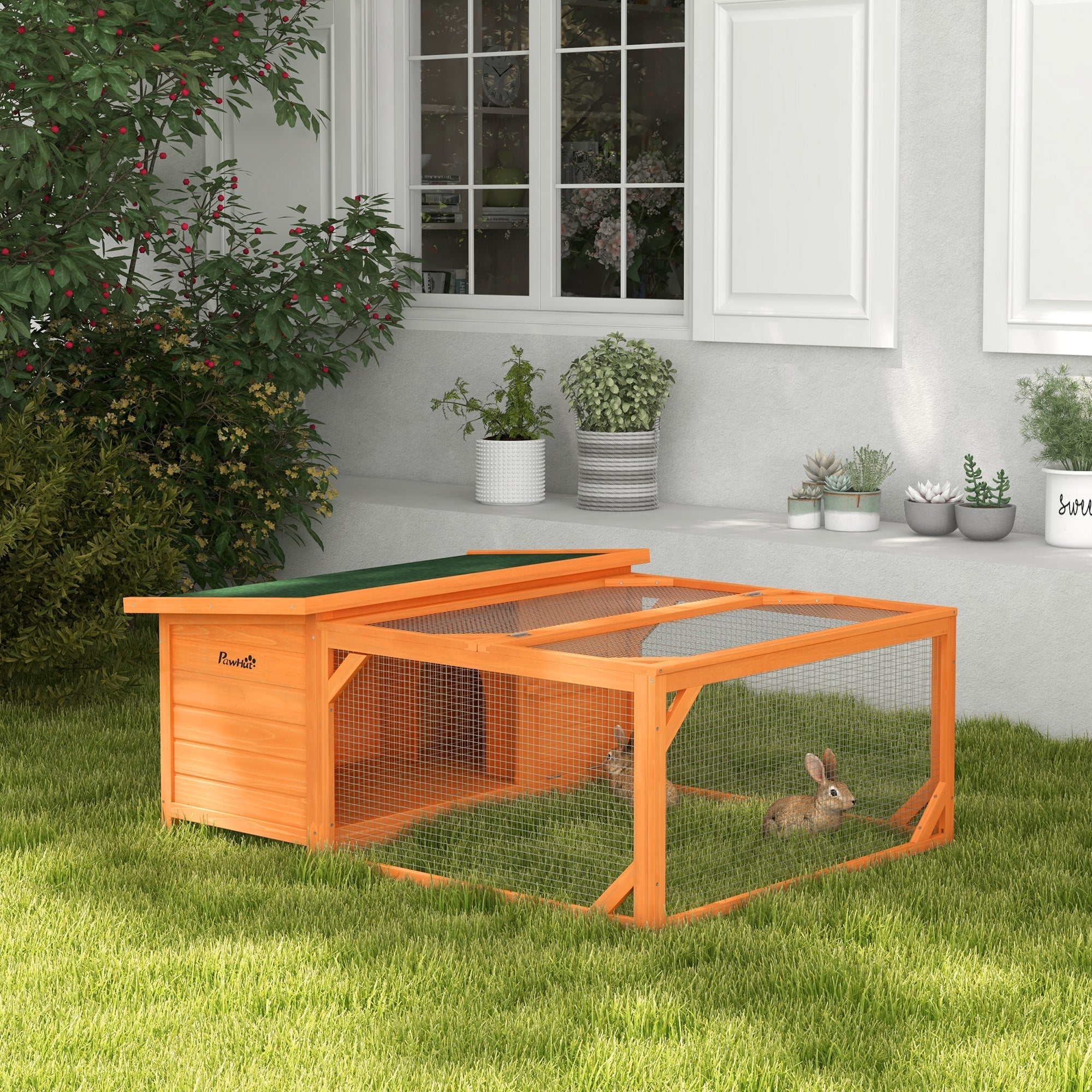Orange wooden rabbit hutch with green roof wire mesh sides open style built main house for backyard small animals