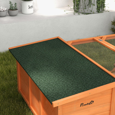 Orange wooden rabbit hutch with dark green textured roof wire mesh sides open style built main house for small pets