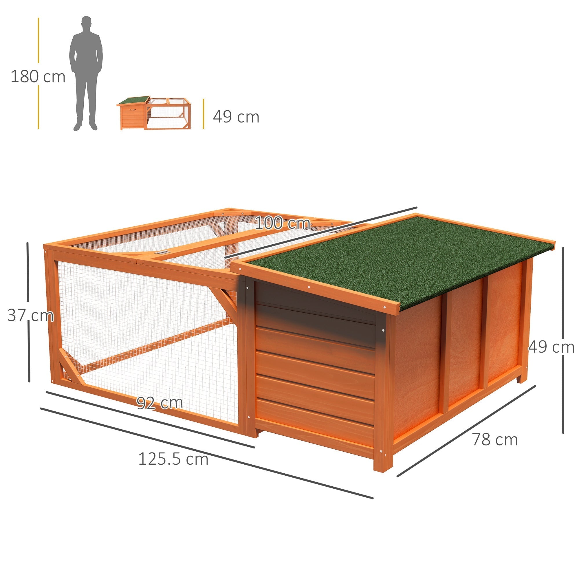 Orange wooden rabbit hutch with wire mesh sides and green artificial grass roof featuring an open style built main house