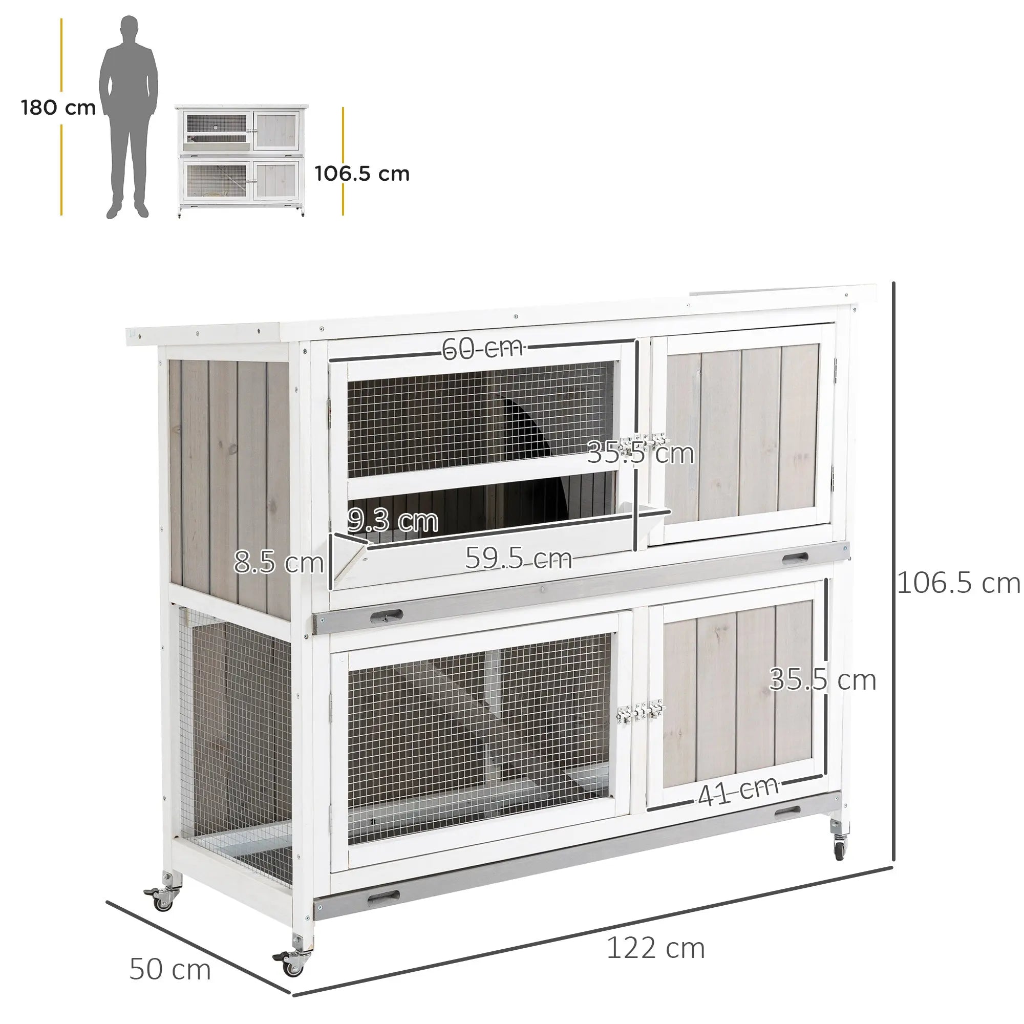 White and gray two-level rabbit hutch made of fir wood with mesh panels and caster wheels for wet weather use