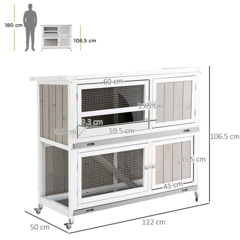 White and gray two-level rabbit hutch made of fir wood with mesh panels and caster wheels for wet weather use