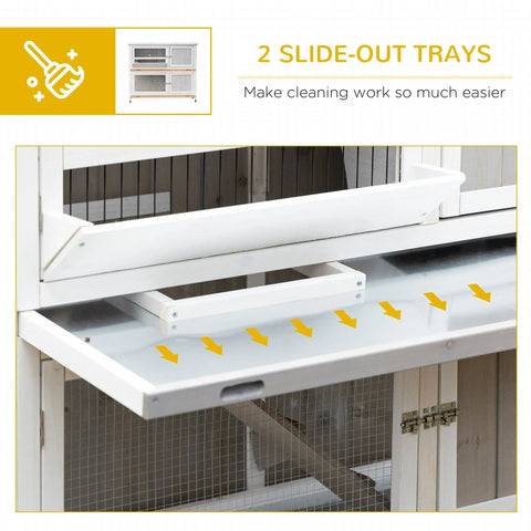 White metal slide out tray with smooth surface and rounded edges for easy cleaning in grey pawhut rabbit hutch with mesh wire and wet weather cover