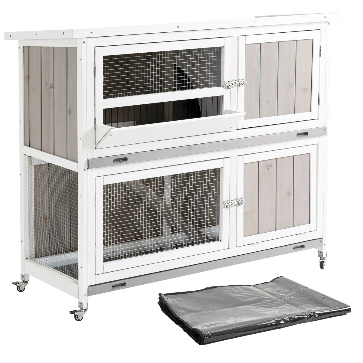 White two-level pawhut rabbit hutch with gray fir wood panels wire mesh doors and wheels for wet weather use