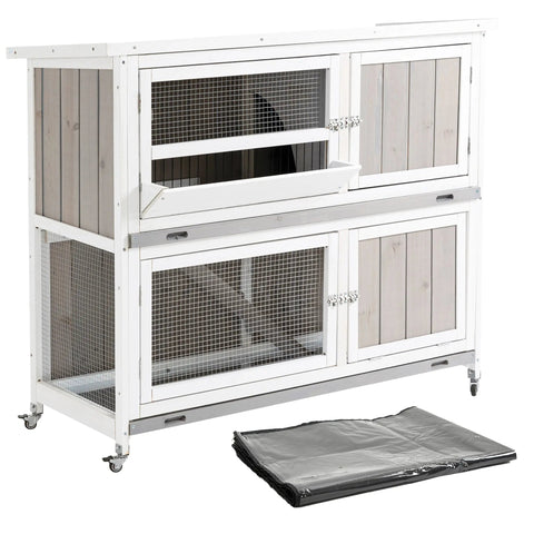 White two-level pawhut rabbit hutch with gray fir wood panels wire mesh doors and wheels for wet weather use