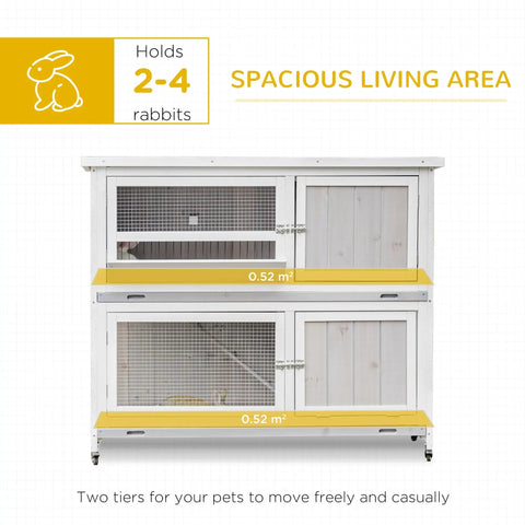 White and yellow two-tier pawhut rabbit hutch with mesh wire front panels, wooden doors, casters, and wet weather cover