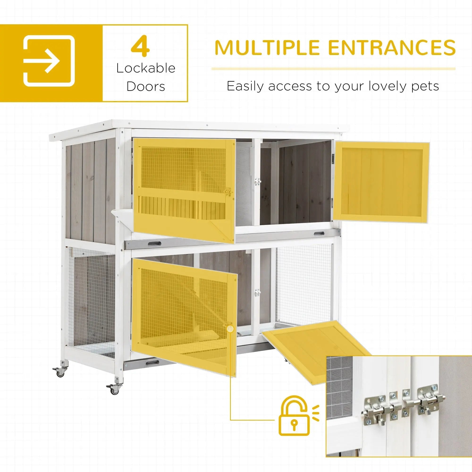 White and yellow multi-entrance pawhut rabbit hutch with fir wood frames and lockable doors for wet weather use