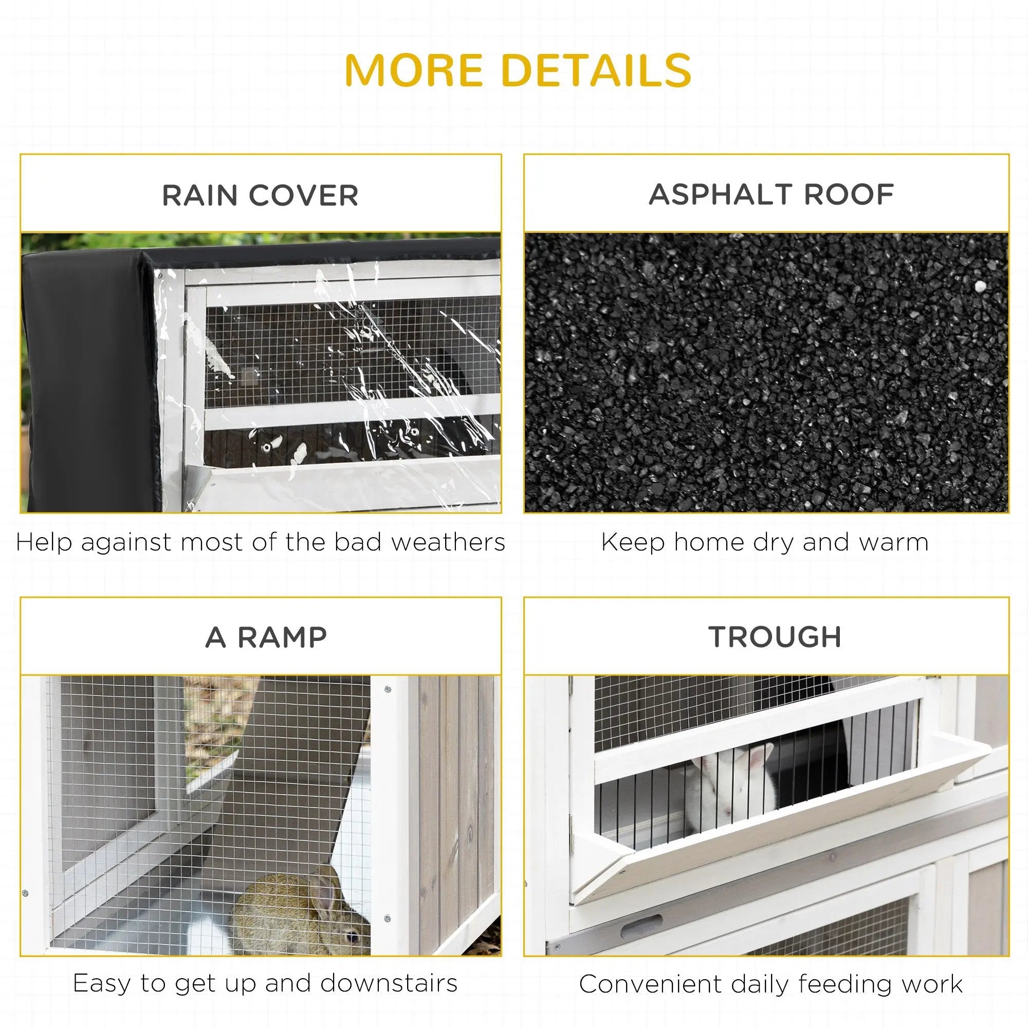White wooden pawhut rabbit hutch with black rain cover mesh wire and asphalt roof for wet weather use outdoors