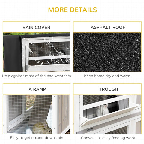 White wooden pawhut rabbit hutch with black rain cover mesh wire and asphalt roof for wet weather use outdoors
