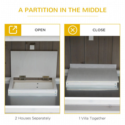 White rectangular wooden partition with hinges shown open and closed inside grey pawhut rabbit hutch for wet weather use