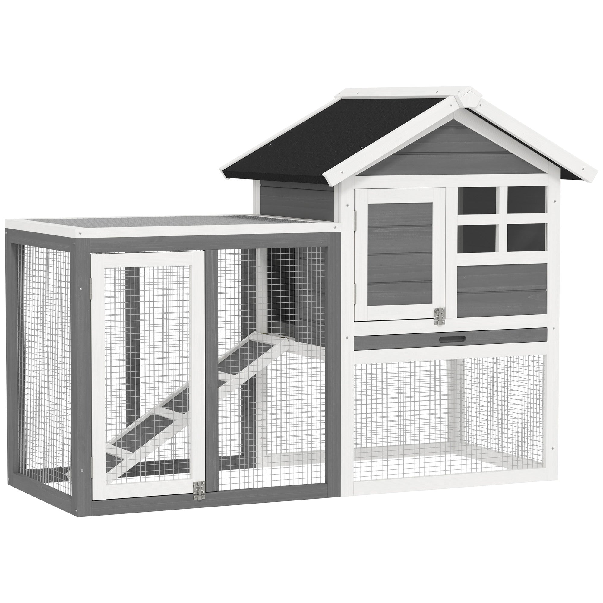 Gray and white pawhut rabbit hutch made of fir wood with wire mesh sides and roofed house section for small animals