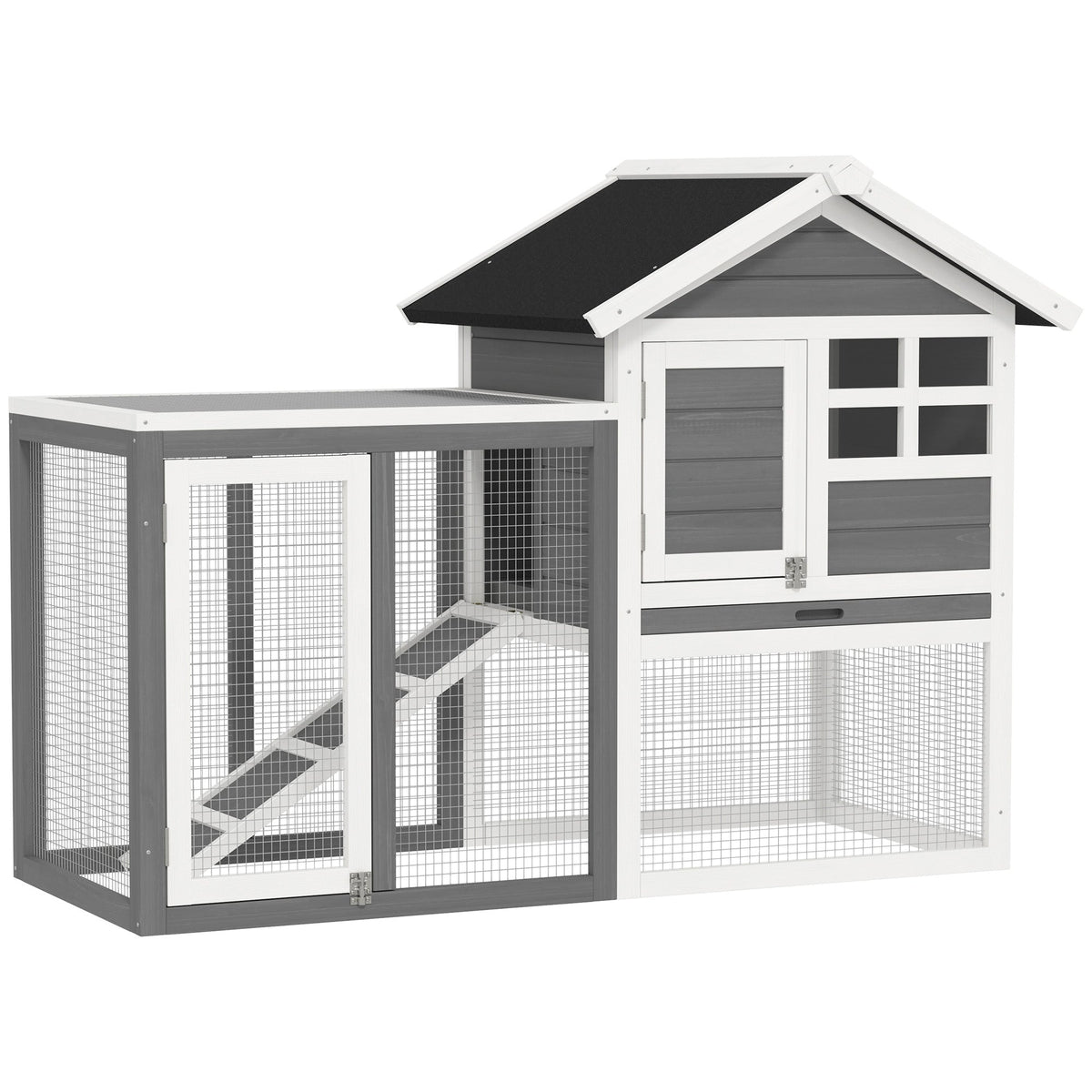 Gray and white pawhut rabbit hutch made of fir wood with wire mesh sides and roofed house section for small animals