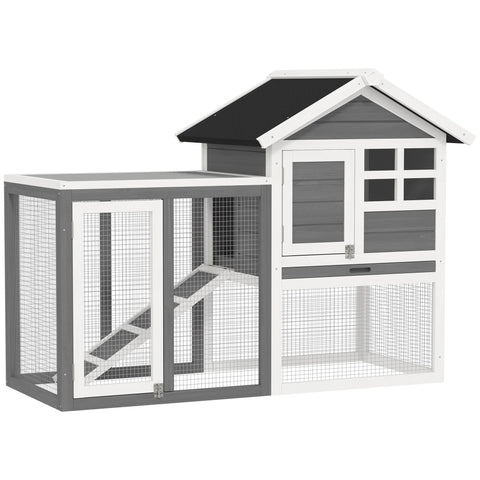 Gray and white pawhut rabbit hutch made of fir wood with wire mesh sides and roofed house section for small animals