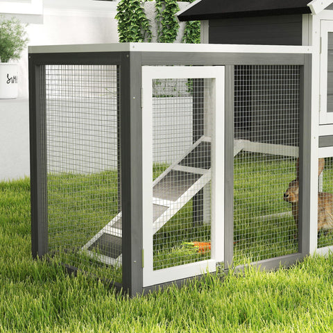 Gray and white fir wood pawhut rabbit hutch with wire mesh sliding door internal ramp and platform for small pets