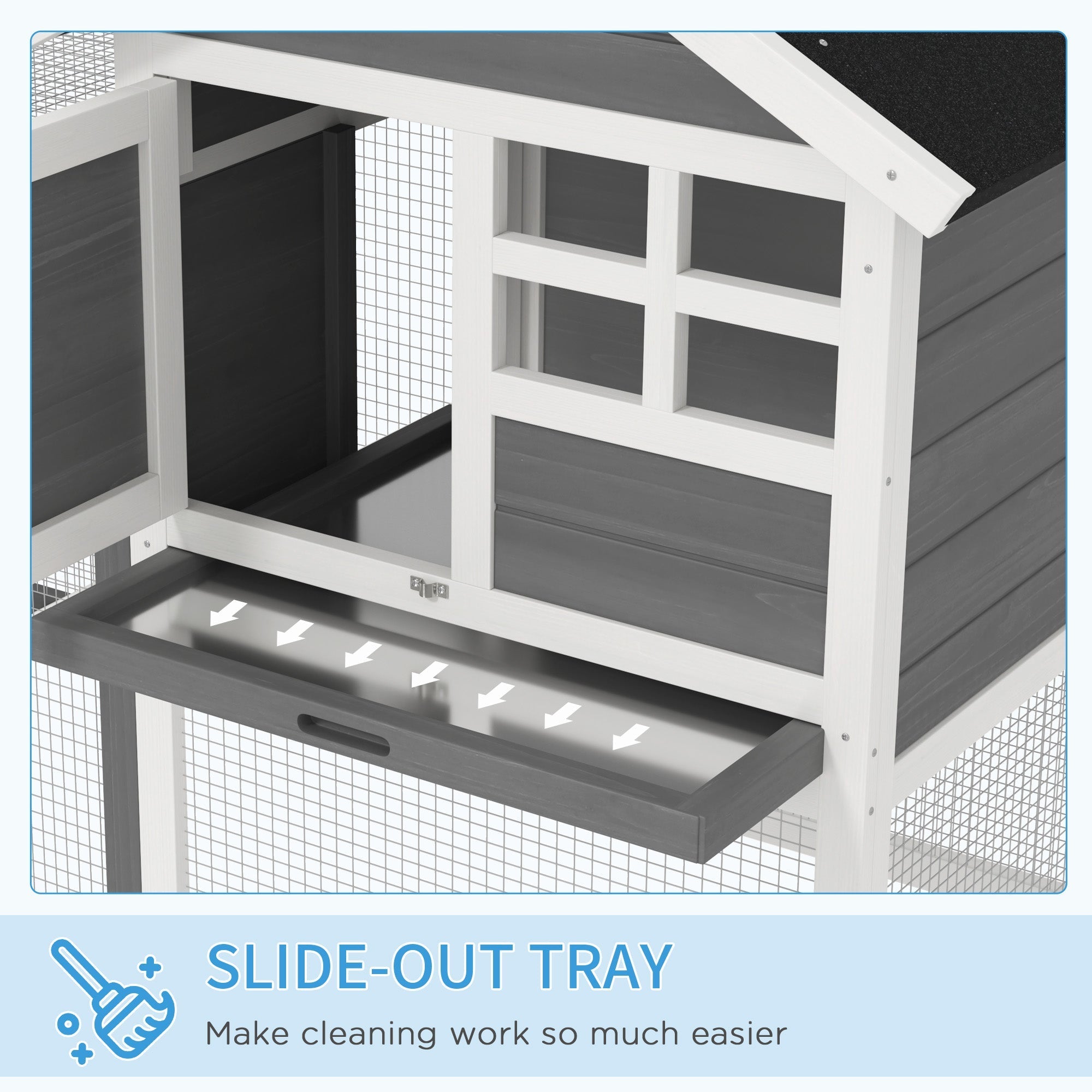 Gray and white pawhut rabbit hutch made of fir wood with a slide out tray for easy cleaning and outdoor use