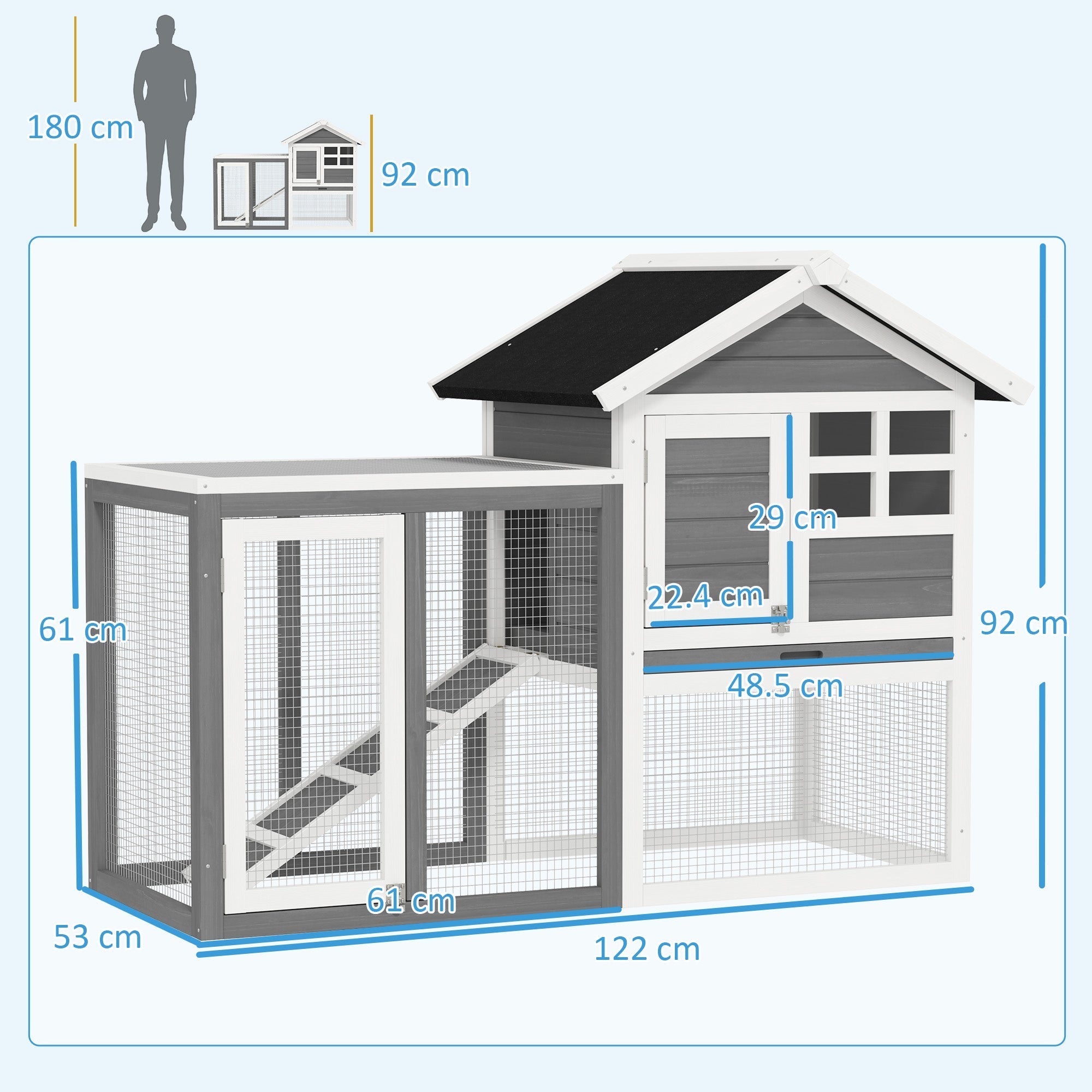 Gray and white pawhut rabbit hutch made of fir wood with mesh sides and a black roof for outdoor small animals