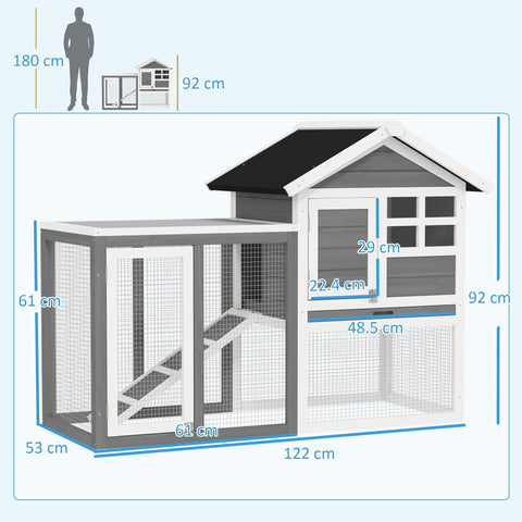 Gray and white pawhut rabbit hutch made of fir wood with mesh sides and a black roof for outdoor small animals