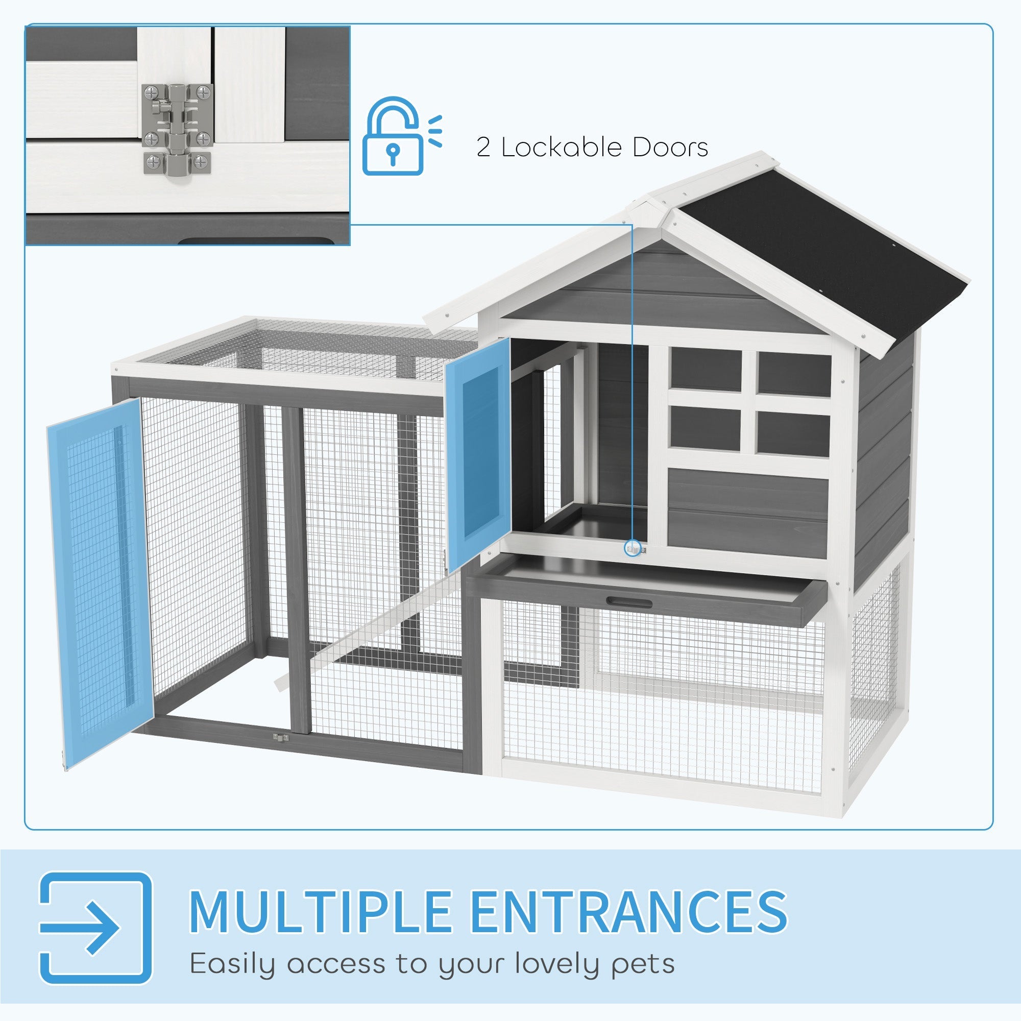 White and gray pawhut rabbit hutch made of fir wood with blue doors black roof and wire mesh sides for small animals
