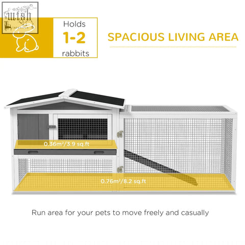 Pawhut rabbit hutch with run featuring a white and black wire mesh main house with asphalt roof and yellow floor