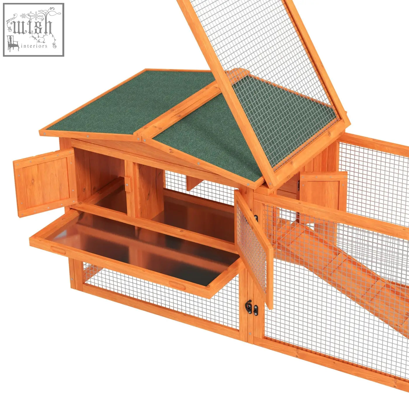 Pawhut wooden rabbit hutch with green asphalt roof and wire mesh panels for outdoor main house use