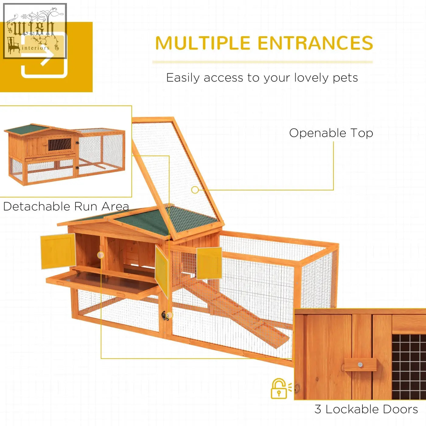 Pawhut wooden rabbit hutch with green asphalt roof wire mesh sides detachable run main house for outdoor bunnies