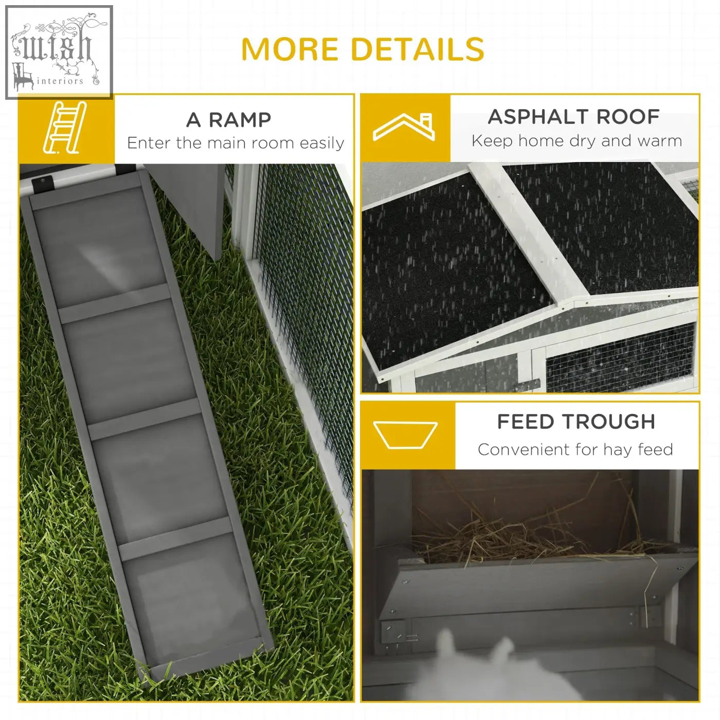 Gray plastic ramp attached to pawhut rabbit hutch with asphalt roof for easy access to the main house area