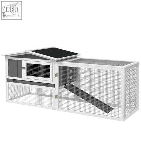 Pawhut white and gray wire mesh rabbit hutch with black asphalt roof main house side ramp and sliding door for outdoor use