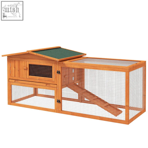 Pawhut rabbit hutch with green asphalt roof wooden main house and wire mesh sides for outdoor bunny and guinea pig use