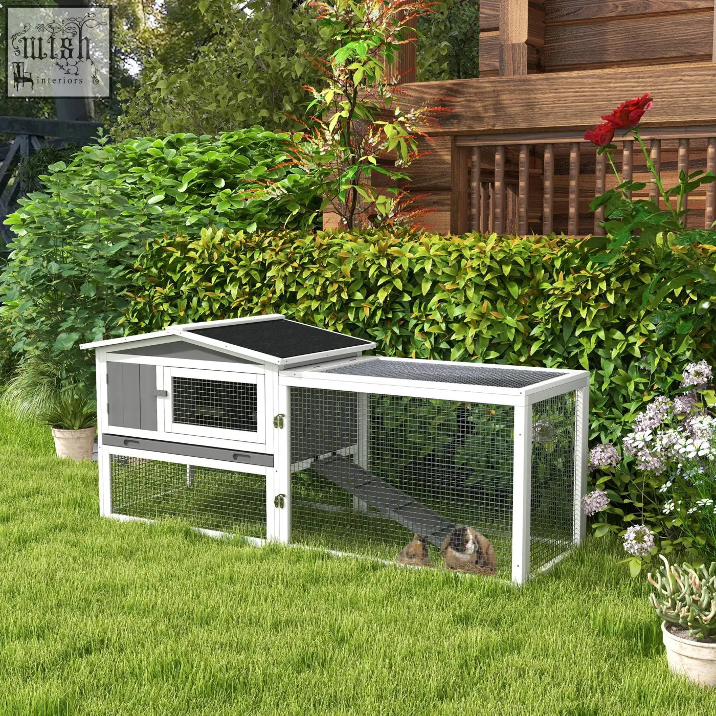 Pawhut rabbit hutch with grey wire mesh main house, black asphalt roof, wooden run, ramp, and sliding tray for outdoor bunnies