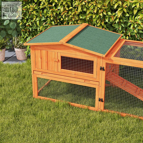 Pawhut main house rabbit hutch with green asphalt roof wire mesh sides wooden outdoor bunny cage hide house
