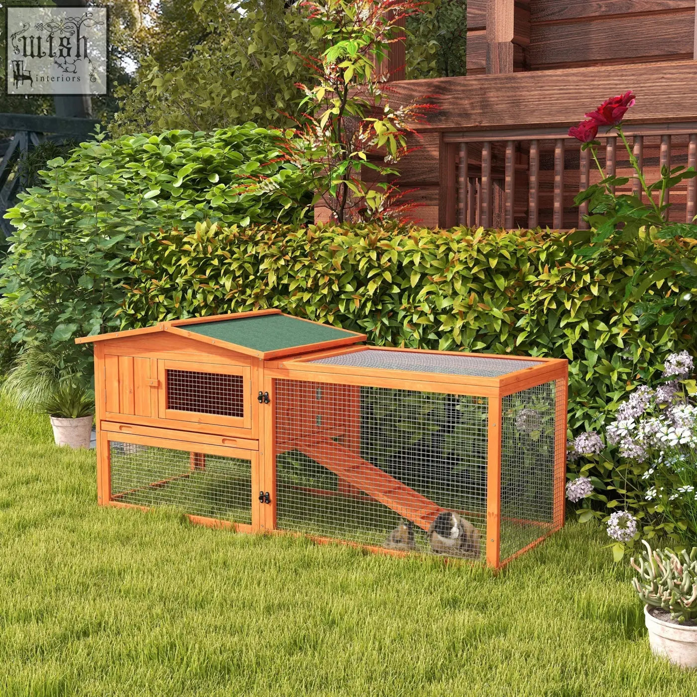 Pawhut rabbit hutch with main house, green asphalt roof, wooden frame, wire mesh sides, and indoor ramp