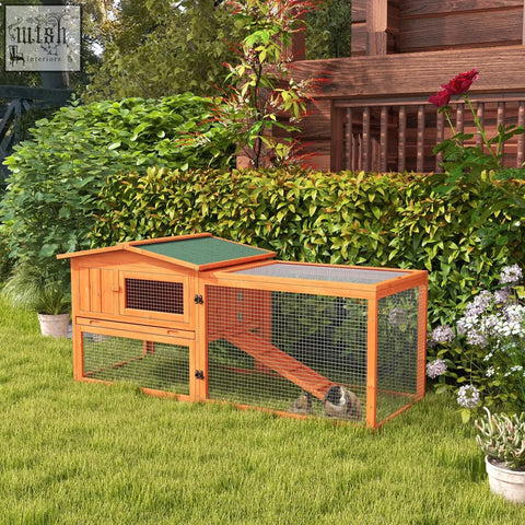 Pawhut rabbit hutch with main house, green asphalt roof, wooden frame, wire mesh sides, and indoor ramp