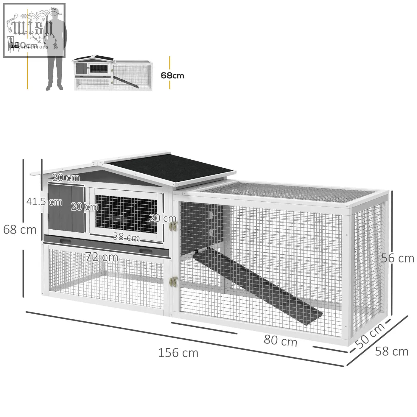 White metal rabbit hutch with main house, asphalt roof, mesh sides, and attached run for outdoor bunny use