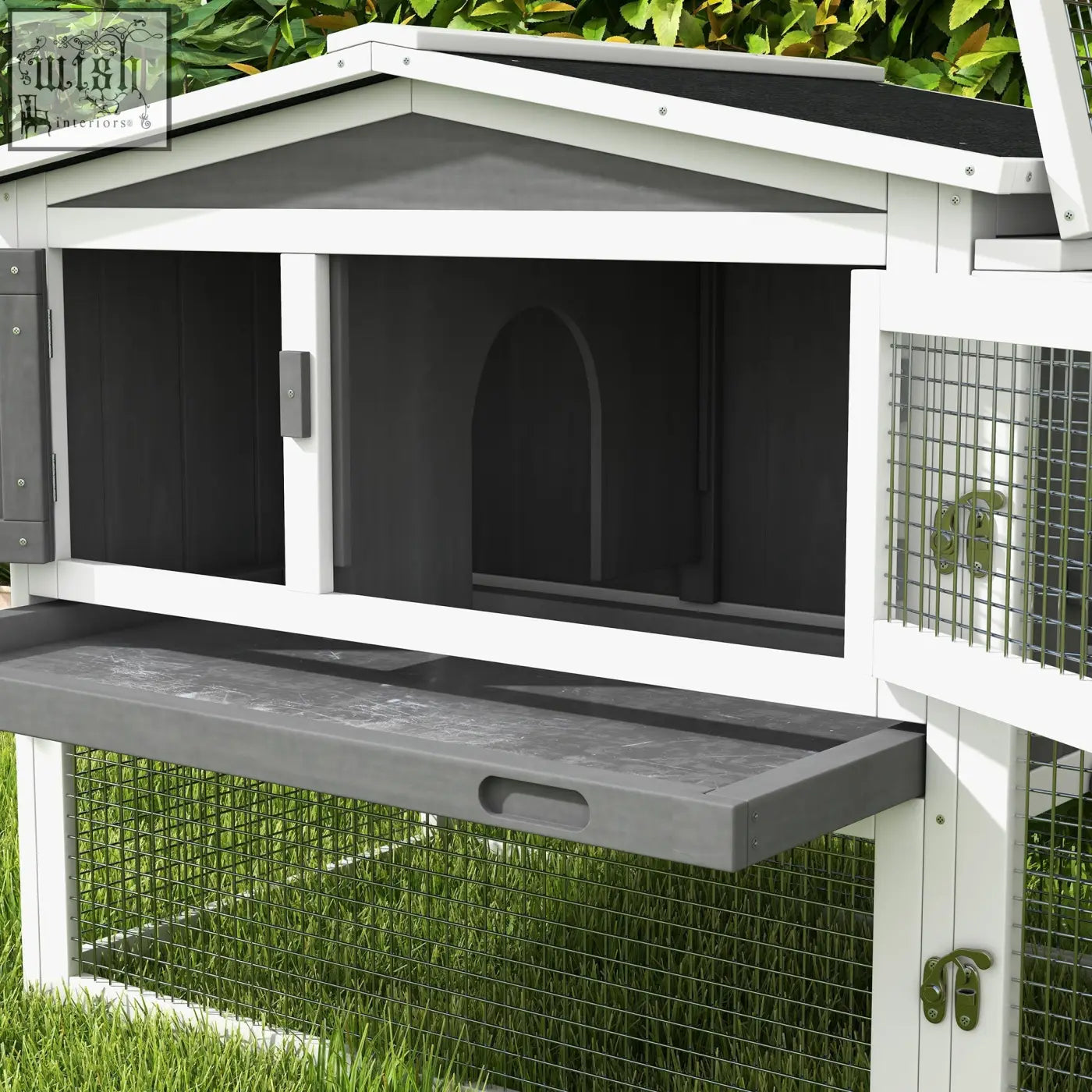 White and gray wooden pawhut rabbit hutch with asphalt roof, wire mesh sides, main house, ramp, and feeding tray