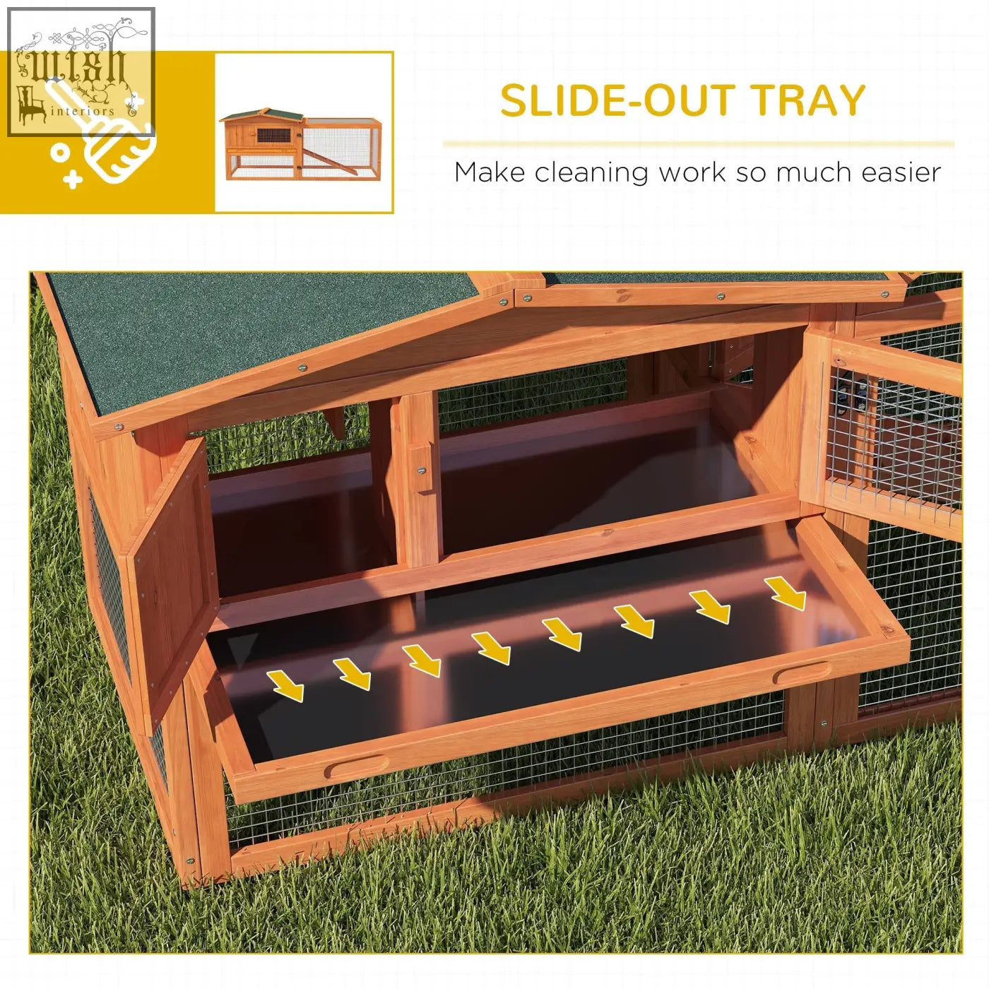 Pawhut wooden rabbit hutch with green asphalt roof slide-out tray main house for outdoor bunny and guinea pig use