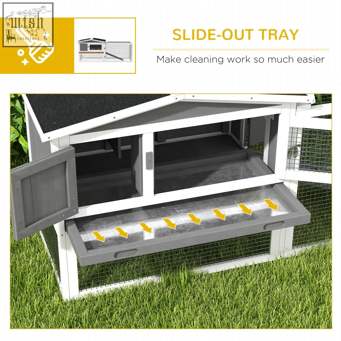White and gray wooden pawhut rabbit hutch with asphalt roof main house and slide out tray for easy cleaning
