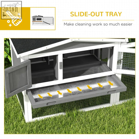 White and gray wooden pawhut rabbit hutch with asphalt roof main house and slide out tray for easy cleaning