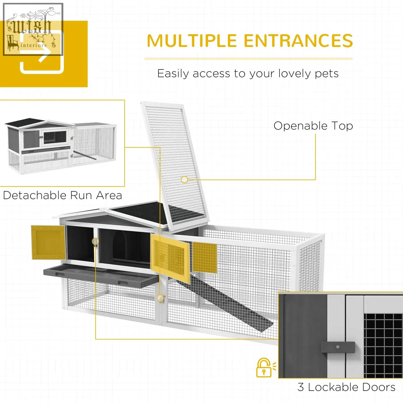 Pawhut white metal rabbit hutch with yellow accents main house and detachable run area for outdoor use