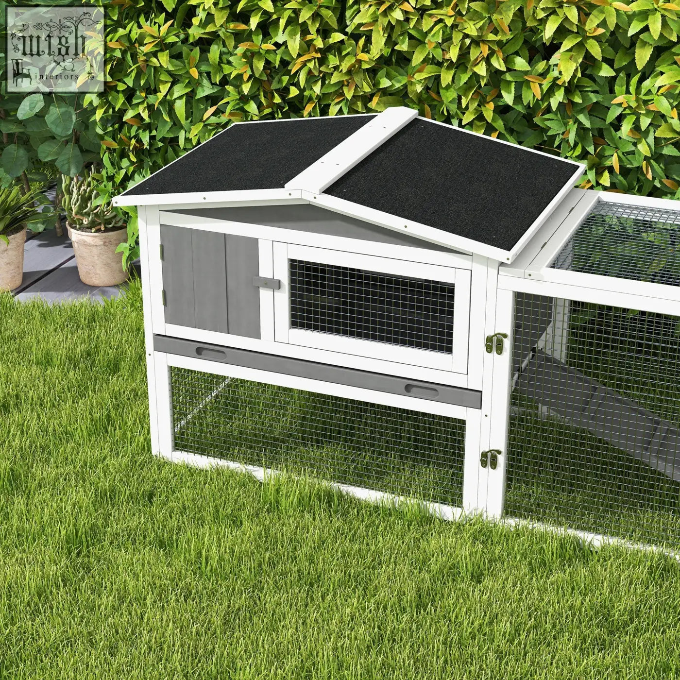 White and gray wooden rabbit hutch with asphalt roof panels and wire mesh sides for outdoor use by PawHut main house