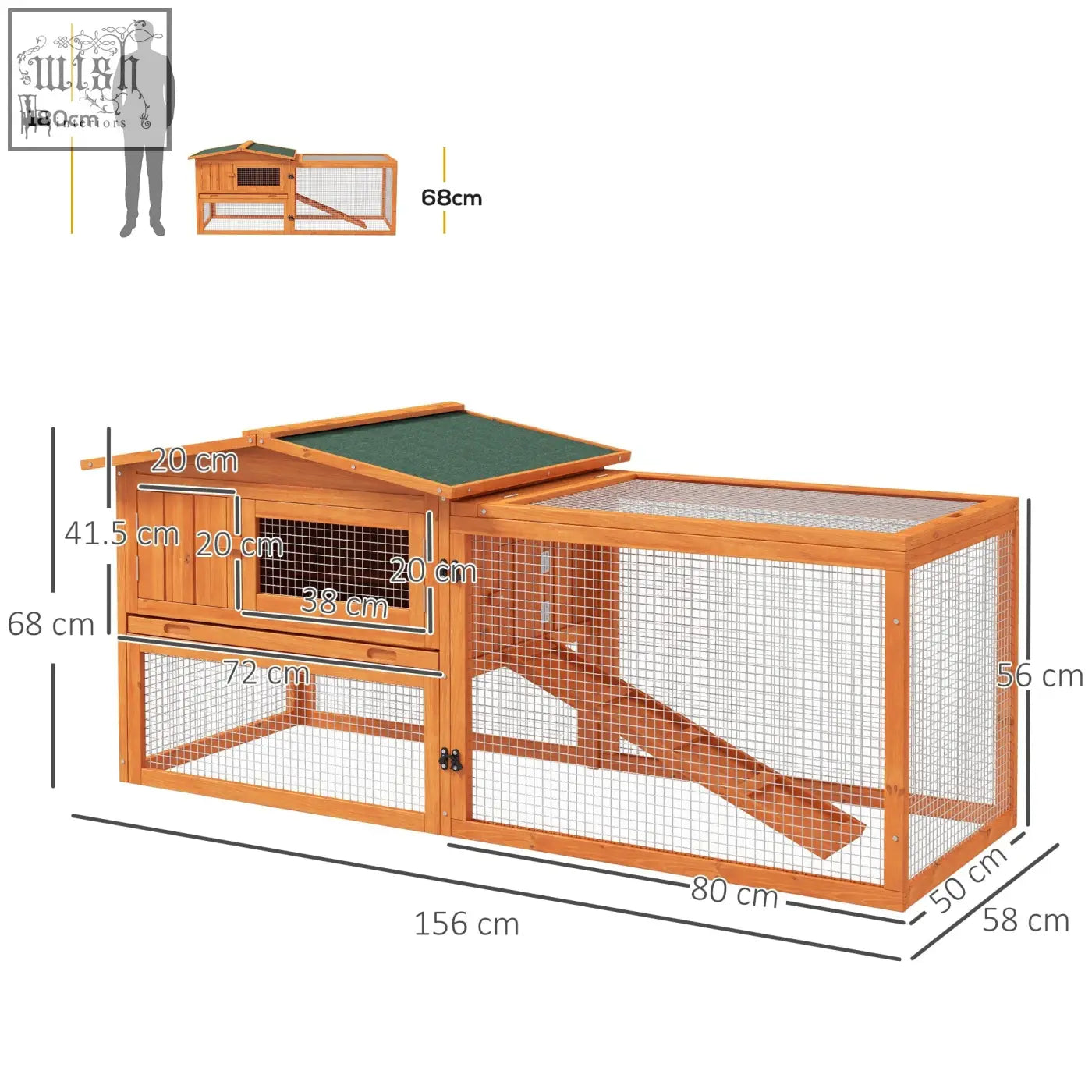 Pawhut wooden rabbit hutch with main house, green asphalt roof, wire mesh sides, and attached run in orange