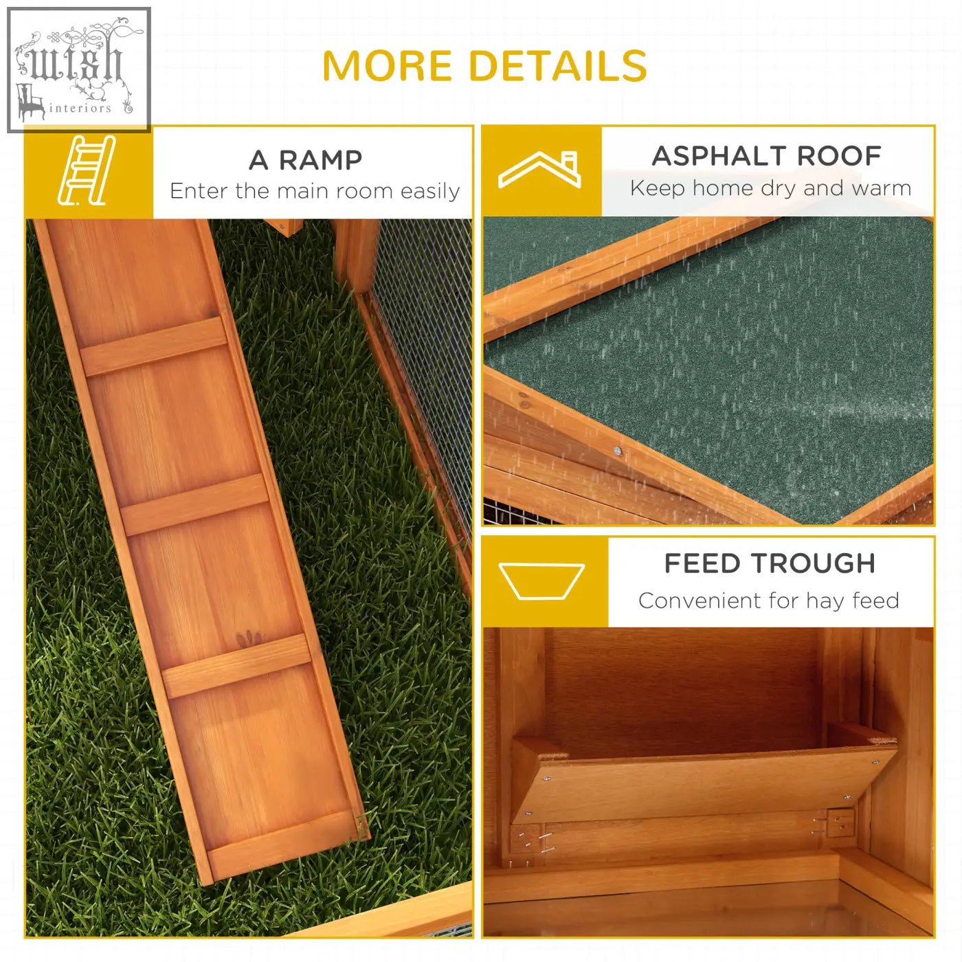 Wooden ramp with slatted design for easy access to pawhut rabbit hutch main house with asphalt roof in orange