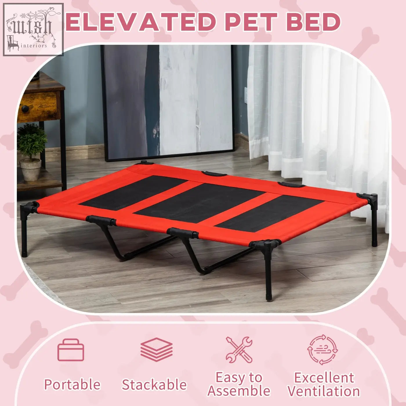Red and black elevated dog bed with breathable mesh top and metal frame lets air flow for indoor outdoor use