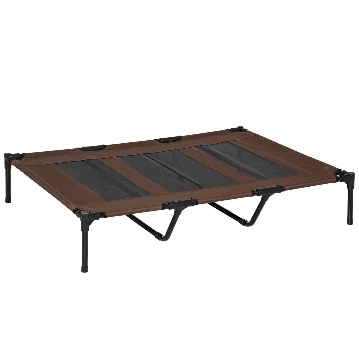 Brown fabric dog bed with black metal frame and breathable mesh panels lets air flow for indoor outdoor use